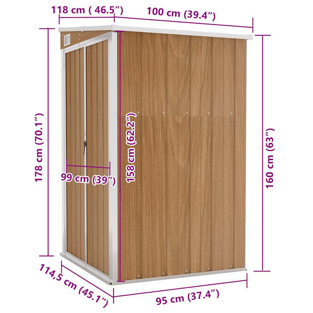 vidaXL Wall-mounted Garden Shed Brown 118x100x178 cm Galvanised Steel